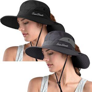 Women's Black & Grey Pack Of 2 Wide Brim Mesh With Chin Strap Classic Cowboy Hat